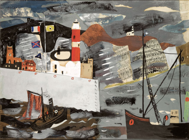 John Piper. Harbour Scene, Newhaven, 1936-1937. Ink, gouache and collage on paper, 60.9 x 81.3 cm. © The Piper Estate / DACS 2017. Image courtesy: Private collection.