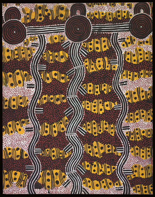 Kaapa Tjampitjinpa. <em>Storm at Camps on the Rain Dreaming Trail, </em>1978. Synthetic polymer on canvas board, 710 x 555 mm. All works © the artists or their estates and licensed by Aboriginal Artists Agency, 2007 