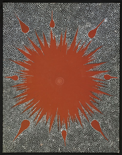 Clifford Possum Tjapaltjarri. <em>Dreaming Story at Warlugulong (Warlukulangu), </em>1976. Synthetic polymer on canvas board, 710 x 555 mm. All works © the artists or their estates and licensed by Aboriginal Artists Agency, 2007 