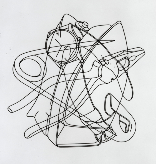 Michael Craig-Martin. Picturing: Iron, Watch, Pliers, Safety Pin, 1978. Plastic tape on acetate, 41.5 x 59 cm.  © The Artist. Courtesy British Council Collection.