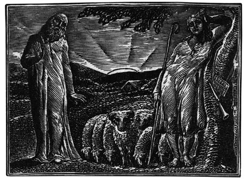 William Blake, <em>Thenot remonstates with Colinet, Lightfoot in the Distance.</em> From <em>Illustrations to Pastorals of Virgil,</em> 1821. Wood engraving on paper. Southampton City Art Gallery, David Brown Bequest