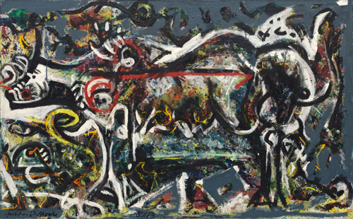 Jackson Pollock. The She-Wolf, 1943. Oil, gouache and plaster on canvas, 41 7/8 x 67 in (106.4 x 170.2 cm). The Museum of Modern Art, New York. © 2015 Pollock-Krasner Foundation / Artists Rights Society (ARS), New York.