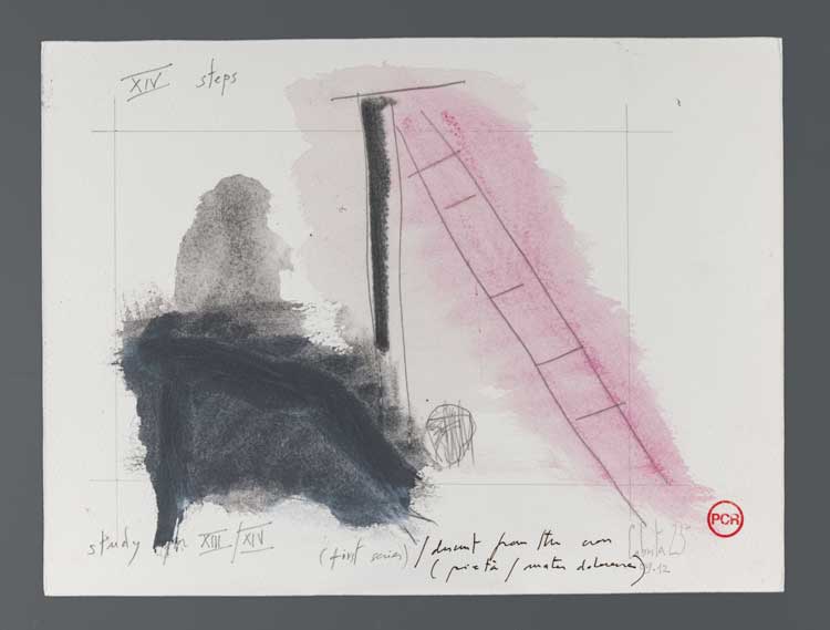 Pedro Cabrita Reis. Studies for XIV Stations, 2025. Study for XIII/XIV (1st series), Jesus de cruce deponitur (descent from the cross). Mixed media on watercolour paper, 24 x 32 cm. Photo: João Ferrand.