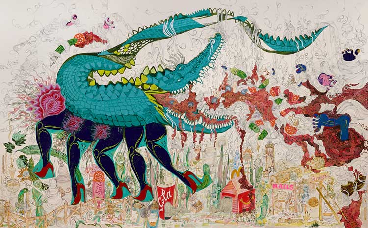 Isabel Rock, End of Everything, 2024. Woodblock collage, acrylic ink, acrylic paint, 250 x 150 cm. © Isabel Rock. Photo: Paul Plews.