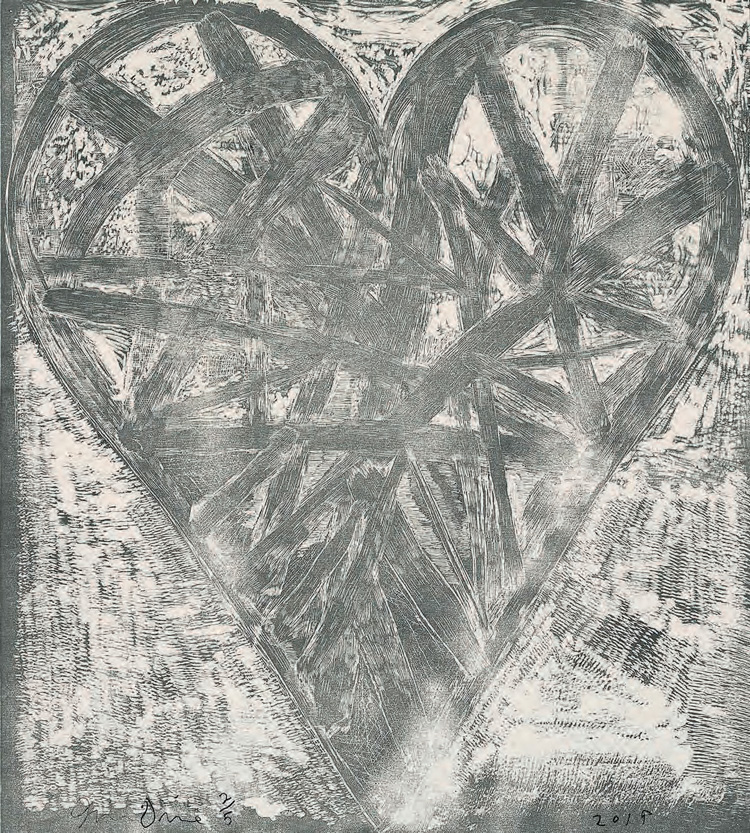 Jim Dine, The Blizzard. Woodcut in black and digital print with hand painting in gouache on two joined sheets of fabriano paper, 122 x 108.5 cm. © Courtesy Jim Dine and Cristea Roberts Gallery, London.