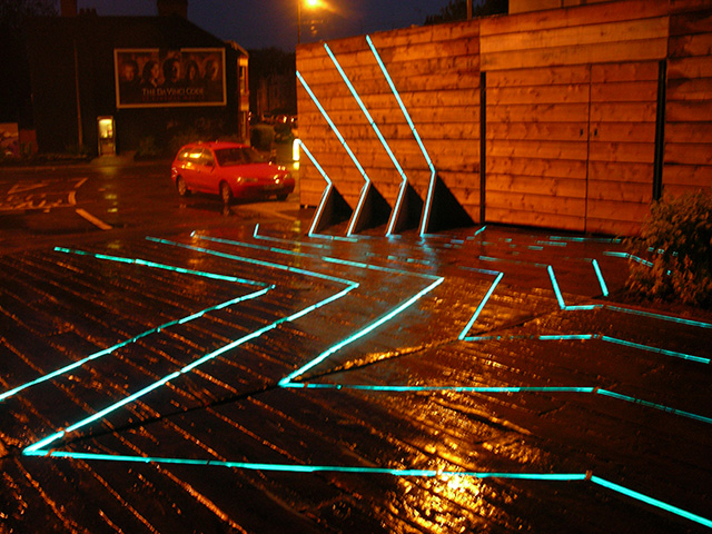 Esther Rolinson. Trace Elements, 2004. Public artwork,. Animated LED channels. Electric Wharf, Coventry. Approximate space 14 x 9 m.