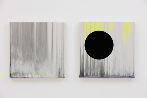Rachel Howard. <em>Sisters,</em> 2011. Oil, household gloss and acrylic on canvas on board, Diptych - both: 15 x 15 in (38.1 x 38.1 cm). Image courtesy of the artist and Blain|Southern. Photograph by Peter Mallett.