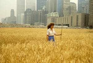 Agnes Denes. <em>Wheatfield – A Confrontation</em>, 1982. Two acres of wheat planted and harvested in Battery Park landfill, downtown Manhattan. Commissioned by Public Art Fund, New York City. 
Photograph: © Agnes Denes. 
Courtesy the artist.