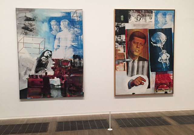 Robert Rauschenberg. Left: Tracer, 1963. Oil paint and silkscreen ink on canvas
213.7 x 152.4 x 5.1 cm. The Nelson-Atkins Museum of Art, Kansas City, Missouri. Right: Retroactive II, 1964. Oil paint and silkscreen ink of canvas, 213.4 x 152.4 cm. Collection Museum of Contemporary Art Chicago. Photograph: Martin Kennedy.