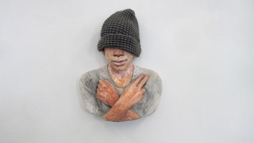 John Ahearn. Shelter Kid, 1999. Acrylic and wool on plaster. Courtesy The Lodge Gallery, New York City.