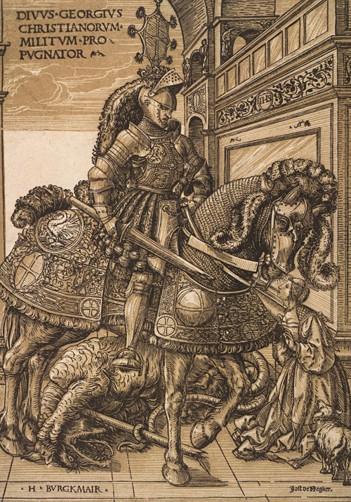 Hans Burgkmair the Elder. St George and the Dragon, c1508-10. Chiaroscuro woodcut printed from two blocks, the tone block in beige, 32 x 22.5 cm. Collection Georg Baselitz. Photograph: Albertina, Vienna.