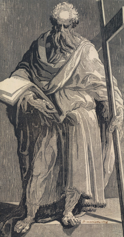 Domenico Beccafumi. St Philip, c1544-47. Chiaroscuro woodcut printed from three blocks, the tone blocks in grey and blue, 39.6 x 20.9 cm. Albertina, Vienna. Photograph: Albertina, Vienna.