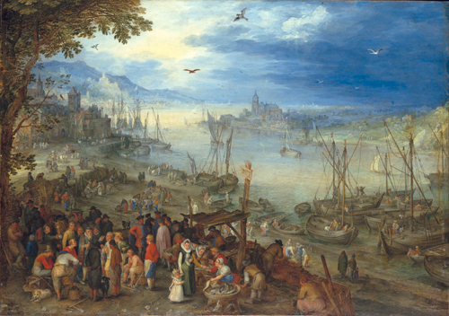 Jan Brueghel  (1568–1625). <em>Fish Market on the Bank of a River,</em> 1605. Oil on copper, 29,5 x 42 cm. 
Bayerische Staatsgemäldesammlungen München, Alte Pinakothek. Photo: © Bayerische Staatsgemäldesammlungen München, Alte Pinakothek