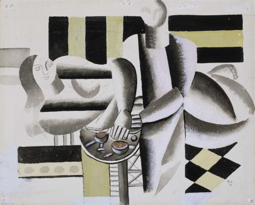 Fernand Léger. Interior, study for The Three Women, 1921. Watercolor on paperboard, 9 7⁄8 × 12 1⁄4 in (25.1 × 31.1 cm). The Museum of Fine Arts, Houston, Gift of Madame Helena Rubinstein. © 2014 Artists Rights Society (ARS), New York / ADAGP, Paris.