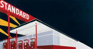Ed Ruscha. <em>Standard Station</em> 1966. Oil on canvas,  20 1/2  x 39 inches. Courtesy Private Collection © Ed Ruscha 2009. Photography: Paul Ruscha.