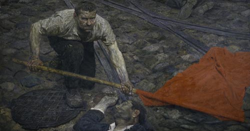 Gelii Korzhev. <em>Raising the Banner</em>, 1957–60. Oil on canvas. 61 7/16 x 114 3/16 inches. State Russian Museum, St. Petersburg. Photo: © State Russian Museum, St. Petersburg.