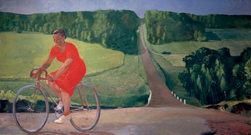 Alexander Deineka. <em>Collective Farm Worker on a Bicycle</em>, 1935. Oil on canvas, 47 1/4 x 86 5/8 inches. State Russian Museum, St. Petersburg. © Estate of Alexander Deineka/RAO, Moscow/VAGA, New York. Photo: © State Russian Museum, St. Petersburg.