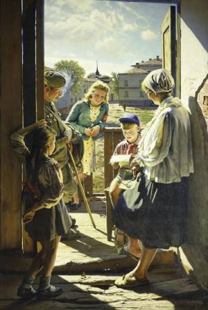 Alexander Laktionov. <em>Letter from the Front</em>, 1947. Oil on canvas, 88 9/16 x 60 13/16 inches. The State Tretyakov Gallery, Moscow. Photo: © The State Tretyakov Gallery, Moscow.