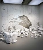 Emma Stibbon. Cliff Fall, 2023. Acrylic on gesso prepared board with chalk rocks and mixed media, 500 x 781.4 x 800 cm, installation view, Towner Eastbourne, 2024. Photo: Veronica Simpson.