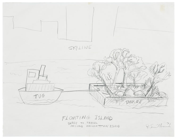 Robert Smithson. Floating Island – Barge to Travel around Manhattan Island, 1971. Graphite on paper, 18 1/4 x 23 1/4 in (46.2 x 58.9 cm). © Holt/Smithson Foundation, Licensed by VAGA at ARS, New York. Courtesy the artist and Marian Goodman Gallery New York, Paris and London.