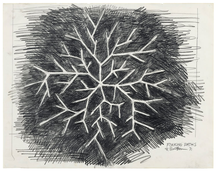 Robert Smithson. Forking Paths, 1971. Pencil on paper, 19 x 24 in (48.3 x 61 cm). © Holt/Smithson Foundation, Licensed by VAGA at ARS, New York. Courtesy the artist and Marian Goodman Gallery New York, Paris and London.