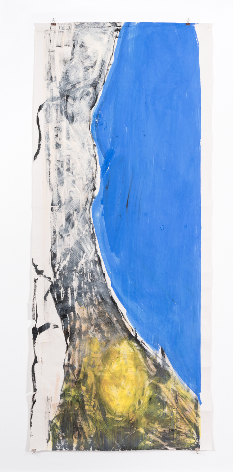 Vivian Suter, Nisyros (Vivian’s bed) 2016–17. Oil, pigment, and fish glue on canvas and paper, and volcanics, earth, botanical matter, microorganisms, and wood, 100 x 237 cm. © Courtesy of the artist and Karma International, Zurich and Los Angeles; Gladstone Gallery, New York and Brussels; House of Gaga, Mexico City; and Proyectos Ultravioleta, Guatemala City.