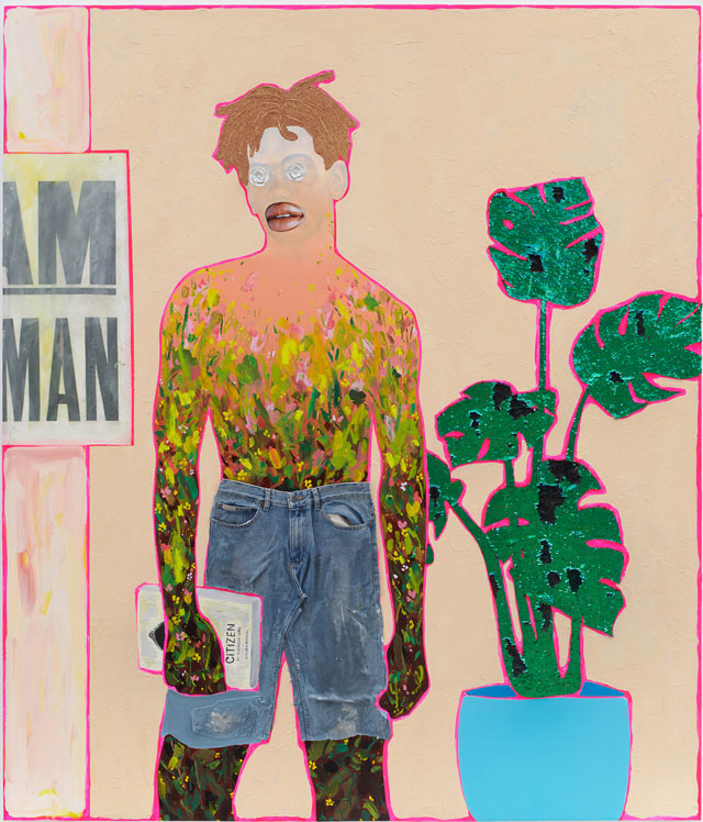 Devon Shimoyama, A Man and a Brother, 2019. Oil, acrylic, colour pencil, jewellery, Flashe, glitter, collage, clothing and sequins on canvas, 84 x 72 in (213.4 x 182.9 cm). Image courtesy De Buck Gallery, New York.