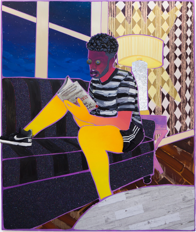 Devon Shimoyama, Evening Reader, 2019. Oil, acrylic, colour pencil, jewellery, flashe, glitter, collage, clothing and sequins on canvas, 84 x 72 in (213 x 183 cm). Image courtesy De Buck Gallery, New York.