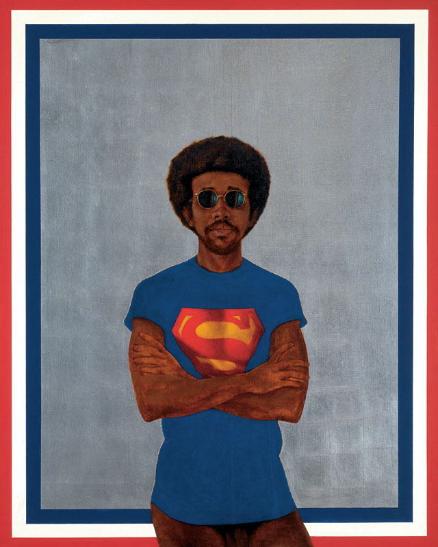 Barkley L. Hendricks. Icon for My Man Superman (Superman Never Saved any Black People--Bobby Seale), 1969. Oil, acrylic and aluminium leaf on linen canvas, 151.1 x 121. 9 cm. Collection of Liz and Eric Lefkofsky. © Barkley  L. Hendricks. Courtesy of the artist and Jack Shainman Gallery, New York.