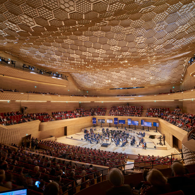 The Insula Orchestra gives the inaugural performance in the auditorium. Photograph: Didier Boy de la Tour.
