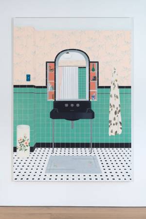 Becky Suss. Bathroom (Ming Green), 2016. Oil on canvas, 84 x 60 in. Courtesy Jack Shainman Gallery.