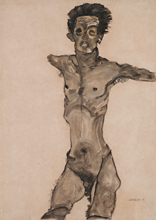Egon Schiele. Nude Self-Portrait in Gray with Open Mouth, 1910. Black chalk and gouache, 44.8 x 32.1 cm. The Leopold Museum, Vienna .