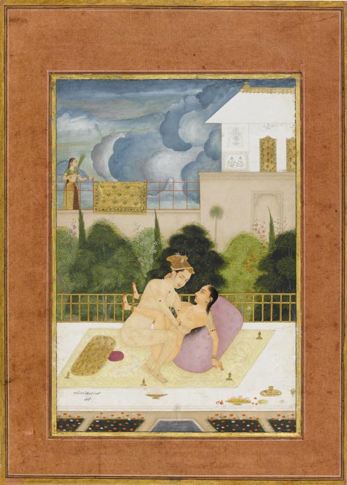 Unknown Artist, <em>The private pleasure of Prince Mohammad Agar son of Aurangzeb by Rashid</em>, c. 1678 to 1698. Miniature painting, body colour including white, pen and ink with gold on paper. Fitzwilliam Museum, Cambridge © Fitzwilliam Museum, University of Cambridge