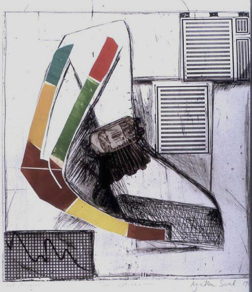 Agathe Sorel. Two Cultures, 1963. Photo gravure, dry point, engraving and brass cut out printed in black, green,
yellow, brown & red vignette, 78 x 60 cm. Courtesy of the artist.