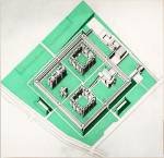 Stirling and Gowan. <em>Churchill College, Cambridge: axonometric</em>, 1958 or after. Gelatin silver print with coloured transfer film mounted on masonite panel. James Stirling/Michael Wilford fonds, Collection Centre Canadien d’Architecture/Canadian Centre for Architecture, Montréal.