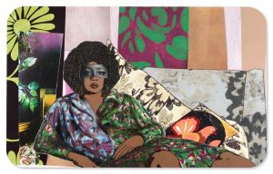 Mickalene Thomas, Afro Goddess Looking Forward, 2015. Rhinestones, acrylic, and oil on wood panel, 60 x 96 in (152.4 x 243.8 cm). © Mickalene Thomas.