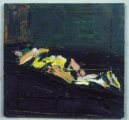 Frank Auerbach. Reclining Figure, 1972. Oil on board, 38.1 X 40.6 cm. Private Collection, NY. © Frank Auerbach.