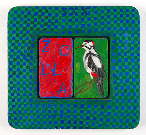 Joe Tilson. Conjunction Great Spotted Woodpecker, Zola, 1999. Oil on canvas on wood panel, acrylic on canvas on wood relief, 64 x 69cm/25¼ x 27 1/8 in.