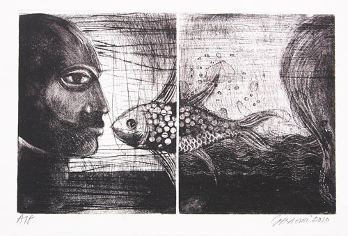 Ussman Ghouri. Etching and aquatint on paper, 15 x 10 in.