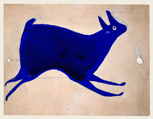 Bill Traylor. Untitled (Blue Rabbit Running), Montgomery 1939–1942. Poster paint and pencil on cardboard, 9 x 11 7/8 in. Louis-Dreyfus Family Collection.