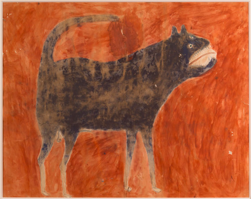 Bill Traylor. Untitled (Dog on Red Background), Montgomery, 1939–1942. Poster paint and pencil on cardboard, 21 1/2