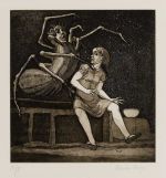 Paula Rego. Little Miss Muffet I, 1989. Etching and aquatint. © Paula Rego. All rights reserved 2024 / Bridgeman Archives.