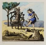 Paula Rego. Little Miss Muffet II, 1989. Hand-coloured etching and aquatint. © Paula Rego. All rights reserved 2024 / Bridgeman Archives.