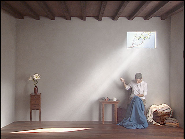 Bill Viola. Catherine’s Room, 2001. Colour video polyptych on five LCD flat panel displays mounted on wall, 15 x 97 x 2 1/4 in (38 x 246 x 5.7 cm), 18:39 minutes. Performer: Weba Garretson.