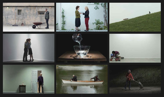 Bill Viola. Chapel of Frustrated Actions and Futile Gestures, 2013. Video/sound Installation. Nine channels of colour high-definition video on a 3 x 3 grid of flat panel displays; nine channels mono sound, 72 x 120 1/2 x 3 1/2 in (183 x 306 x 9 cm). Continuously running. Performers: Tomas Arceo, John Brunold, Cathy Chang, John Fleck, Joanne Lindquist, Tim Ottman, Kira Perov, Valerie Spencer, Ivan Villa, Bill Viola, Blake Viola.