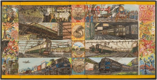 Willem van Genk. Untitled (Great Railroads of the World), c1970. Mixed media on assembled millboards, 26 ¾ x 52 ½ in (68 x 133 cm). Collection De Stadshof, Museum Dr. Guislain, Ghent. Photograph: Guido Suykens, Ghent.