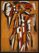 Oswaldo Vigas. Duende Rojo, 1979. Gouache on cardboard glued on wood, 75.5 x 56.2 cm (29.7 x 22.1 in).