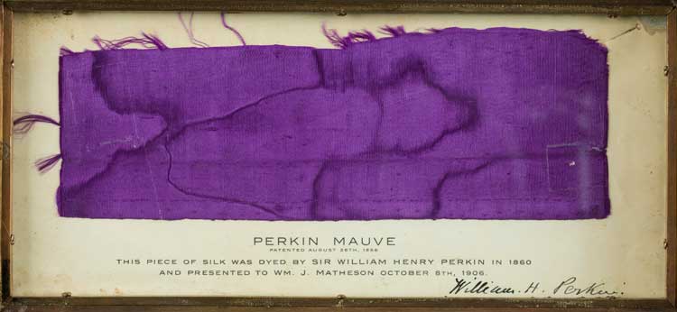 Sample of silk dyed with mauve by William Henry Perkin (1860). 17.8 x 5.1cm. Smithsonian National Museum.