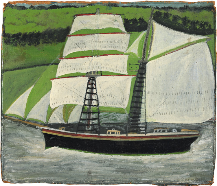 Alfred Wallis. Brigantine sailing past green fields, no date. Oil on card, 41.8 x 48.8 cm. Courtesy of Kettle’s Yard, University of Cambridge.