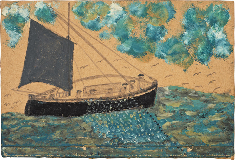 Alfred Wallis. Ship with seven men, net and gull, no date. Oil on card, 18.7 x 27.9 cm. Courtesy of Kettle’s Yard, University of Cambridge.